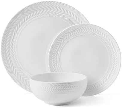 Pfaltzgraff Josephine 24-Piece Dinnerware Set, Porcelain Dish Set with Embossed Basket Weave Design, Service for 8, White Plates and Bowls Sets, Microwave and Dishwasher Safe