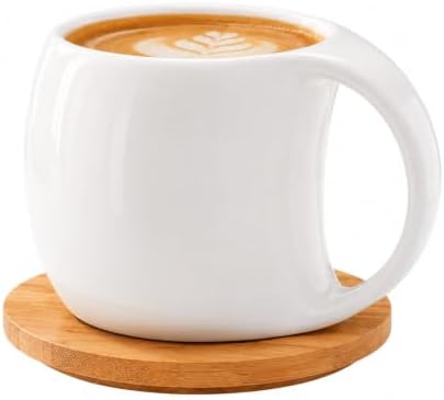 Coffee Mug Set of 6 with Bamboo Rack, White Ceramic Coffee Cups with