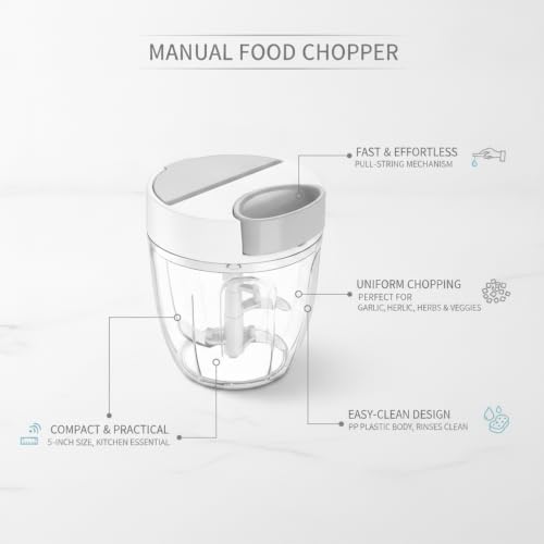 Manual Food Chopper with Pull String Mechanism for Garlic, Herbs, and