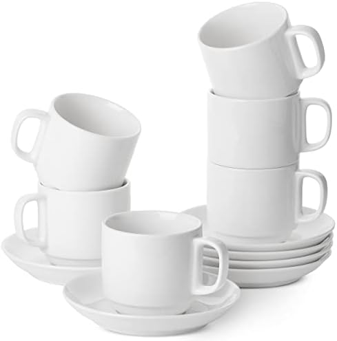 BTaT- Stackable Tea Cups and Saucers, White, Set of 6 (8 oz)