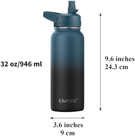 CIVAGO 32 oz Insulated Stainless Steel Water Bottle With Straw and 3