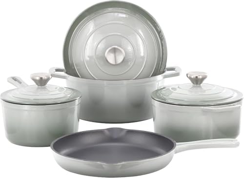 7 Piece Enameled Cast Iron Cookware Set, Heavy Duty Pots and Pans with