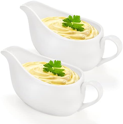 Yesland 2 Pcs 15 oz Gravy Boat, Ceramic White Easy-Pour Gravy Boat for