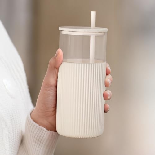 SANDJEST Glass Tumbler with Straw and Lid, Glass Water Bottle with