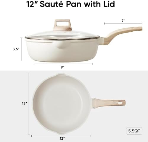CAROTE 12 Inch Nonstick Deep Frying Pan with Lid, 5.5 Qt White Granite