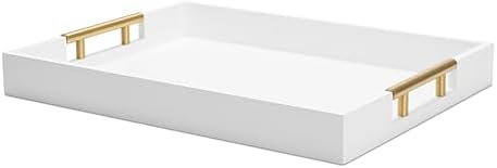 White Serving Tray with Metal Handles, 15.75" x 11.8" x 1.7"