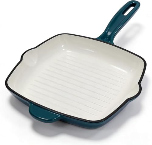 Enameled Cast Iron Steak Grill Pan, Square Skillet with Drip Spout, Oven-Safe & Stovetop Safe (Peacock Blue, 9.5 inch)