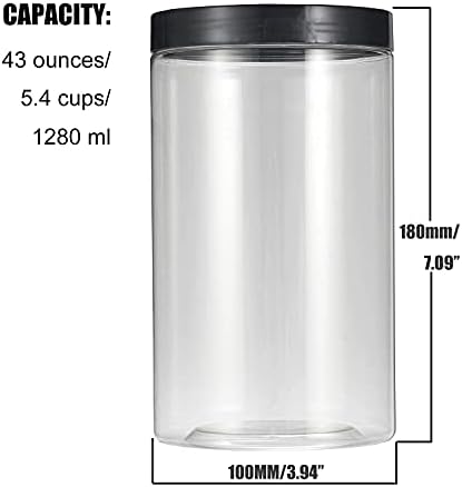 43oz (1280 ml) Clear Plastic Jars with Smooth Black Lids and Labels