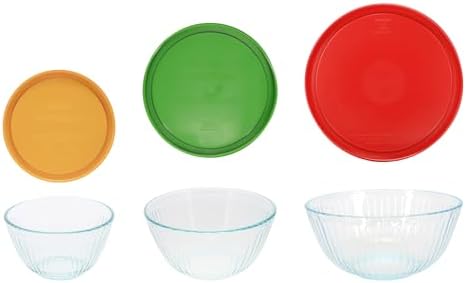 Pyrex Mixing Bowls 7401 7402 7403 w/Yellow, Green, Red Lids - Made in