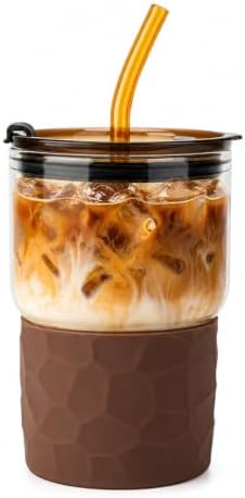 16oz Coffee Tumbler, Reusable Borosilicate Glass Cups with Lids and