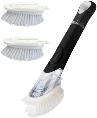CELOX Dish Brush with Soap Dispenser, 3 Brush Heads, Black
