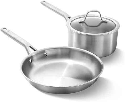 Calphalon Brushed 3-Ply Stainless Steel Cookware Set w/Turbo Heat Tech 3 Piece Includes Fry and Sauce Pan Set, Induction, Oven Safe 450F, Brushed Stainless Silver