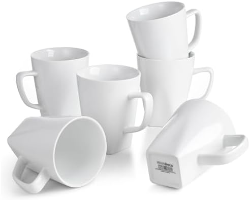 WishDeco White Coffee Mugs Set of 6, Ceramic Coffee Cups 14 oz