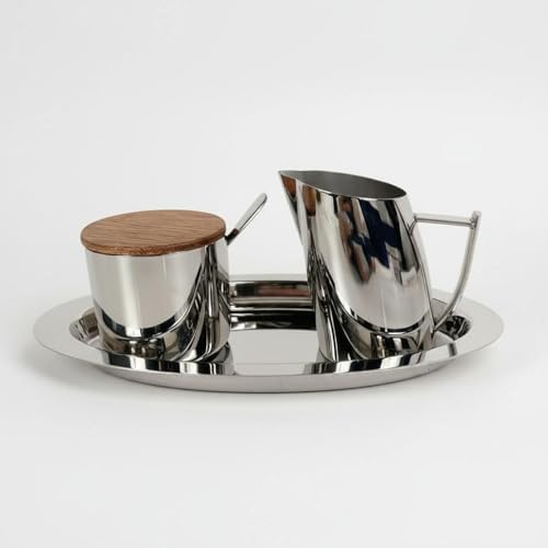 Fenteer Stainless Sugar Container Milk Pitcher Set Metal Wooden Lid