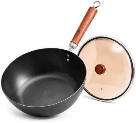 10.2-Inch Carbon Steel Wok Frying Pan with Lid, Flat Bottom