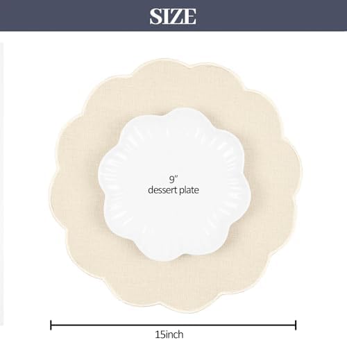 AHHFSMEI Round Scalloped Placemats Set of 4 15 Inch Faux Linen