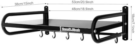 Wall Mount Microwave Shelf with 6 Hooks, Black