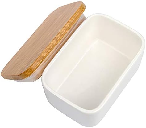Porcelain Butter Dish with Bamboo Lid, Ceramic Butter Keeper Container