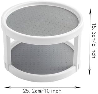 2 Tier Non Skid Spice Rack Turntable, 10 Inch Spinning Organizer, Non Skid Lazy Susan Turntable, 360° Rotating Seasoning Organizer for Kitchen, Pantry Cabinet, Refrigerator, Bathroom, Gray & White
