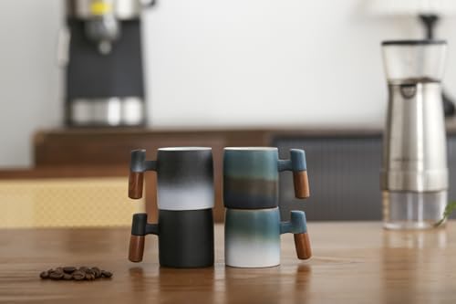 2-Oz Ceramic Espresso Cups with Wood Handle, 2/4-Piece Set for Coffee
