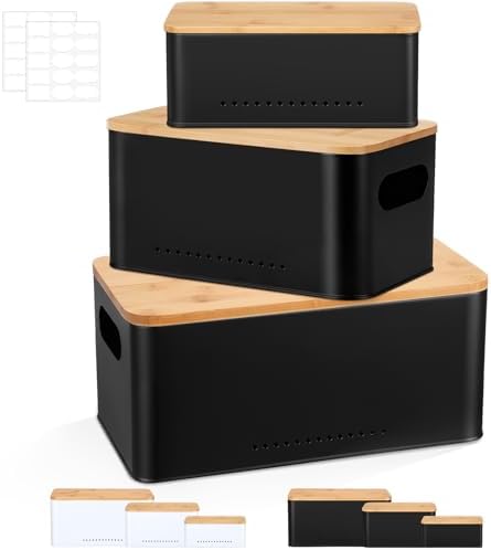 3 Pcs Metal Storage Box with Lid Nesting Farmhouse Storage Bins, Black