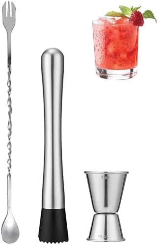8”Stainless Steel Muddler, 10”Mixing Spoon & Jigger for Cocktails
