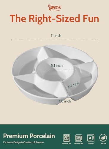Sweese Porcelain Chip & Dip Serving Set - Divided Platter with 5 Compartments, Relish Tray for Snacks, Veggies, Candy - Durable, Microwave & Dishwasher Friendly - Elegant White Design for Parties