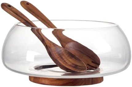 Large Glass Salad Bowl Set - 4.5 Quart Mixing Bowl With Acacia Wood