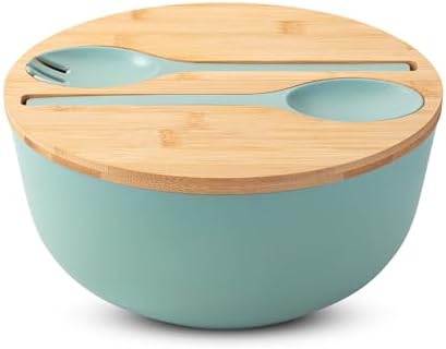 BAMBOO LAND- Large Salad Bowl with Wooden Lid, 10 Inch/108 Oz, Mint