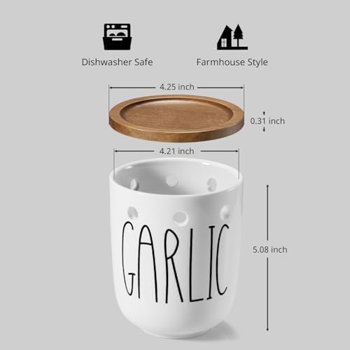 Ceramic Garlic Keeper for Counter, Large Garlic Holder with Acacia