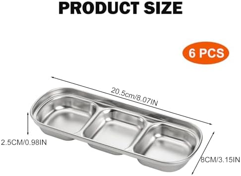 6 Pcs Soy Sauce Dish Stainless Steel 3 Compartment Korean Sauce Plate