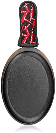 New Star Foodservice 1028614 Commercial Grade Cast Iron Fajita Set, Oval Sizzling Skillet, Japanese Steak Plate with Walnut-Stained Wood Base