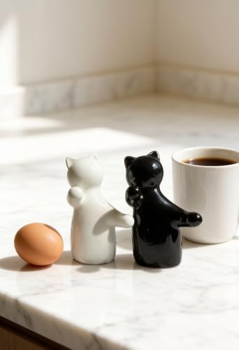 Cat Salt and Pepper Shakers, Set of 2, White and Black