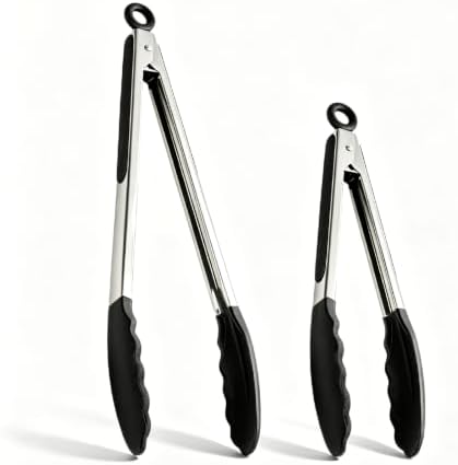 Set of 2 Tipped Stainless Steel Tongs, 12 and 9 Inch, Black