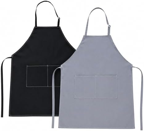 2 Pack Waterproof Kitchen Aprons with 2 Pockets, Black & Gray