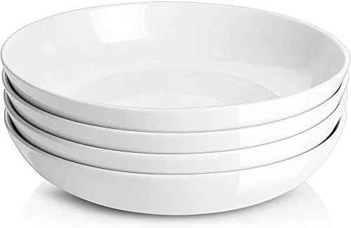 DOWAN 9.75" Pasta Bowls Set of 4, Large Shallow White Ceramic Salad