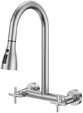 HURRAN Wall Mount Kitchen Faucet with Pull-Down Sprayer, Brushed