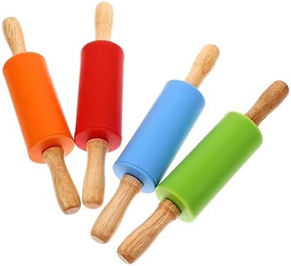 LIFKOME 4pcs Silicone Rolling Pin Wood Handle Baking Roller Non-stick