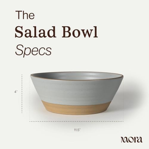 MORA Giant Salad Bowl Set with Wood Salad Servers, 4 qt Large Ceramic