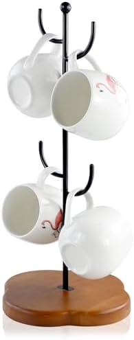 Coffee Mug Holder, Non-Slip 4 Hook Mug Rack, Metal & Wood, Modern &