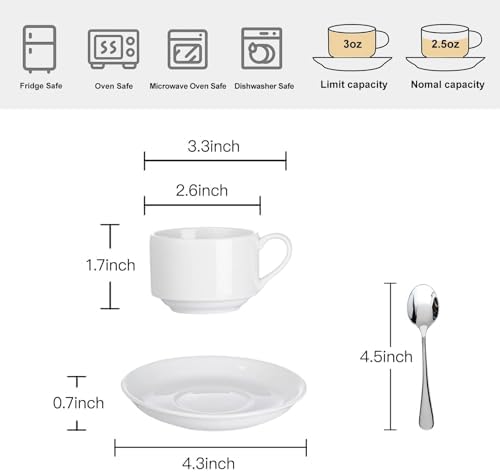 2.5 OZ Porcelain Stackable Espresso Cups with Saucers Set of 4
