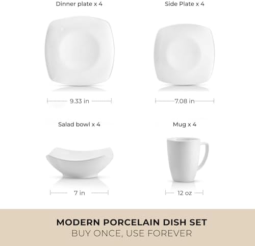 Zulay Kitchen Luna Plates and Bowls Sets, 16 Piece Modern Porcelain