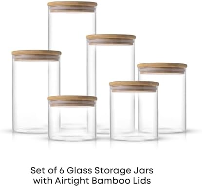 JoyJolt Borosilicate Glass Jars With Bamboo Lids. 6 Pc Set of Air