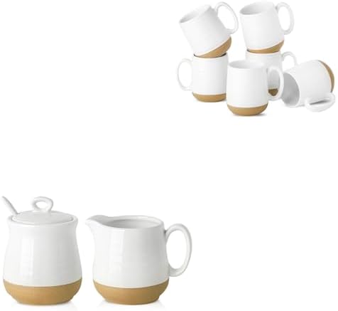 Hasense Ceramic Sugar & Creamer Set + Coffee Mugs Set, White