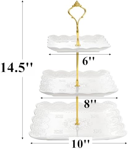 Tebery 2 Pack 3-Tier White Ceramic Embossed Dessert Cake Tower Stand