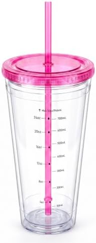 Zukro 32 oz Clear Reusable Plastic Cup with Lid and Straw, Double