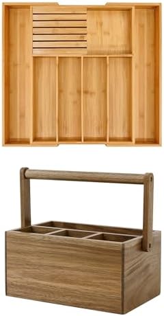 VaeFae Bamboo Silverware Drawer Organizer and Acacia Silverware Caddy