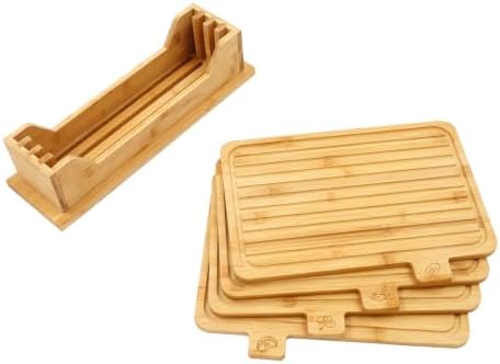 4 Pack 13.2"L x 8.9"W Bamboo Cutting Boards with Holder and Food Icons