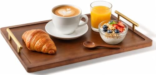 Acacia Wood Serving Tray,15.75 x 11.8 Inch Ottoman Tray with Gold