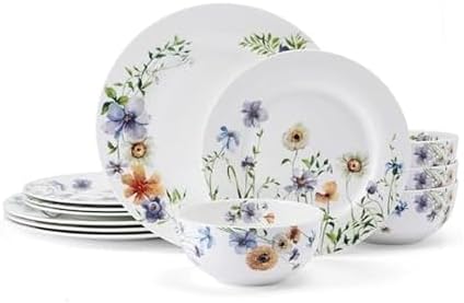Mikasa Audrina Water Color Flowers Bone China Lightweight Chip Resistant 12 Piece Dinnerware Set, Service for 4, White